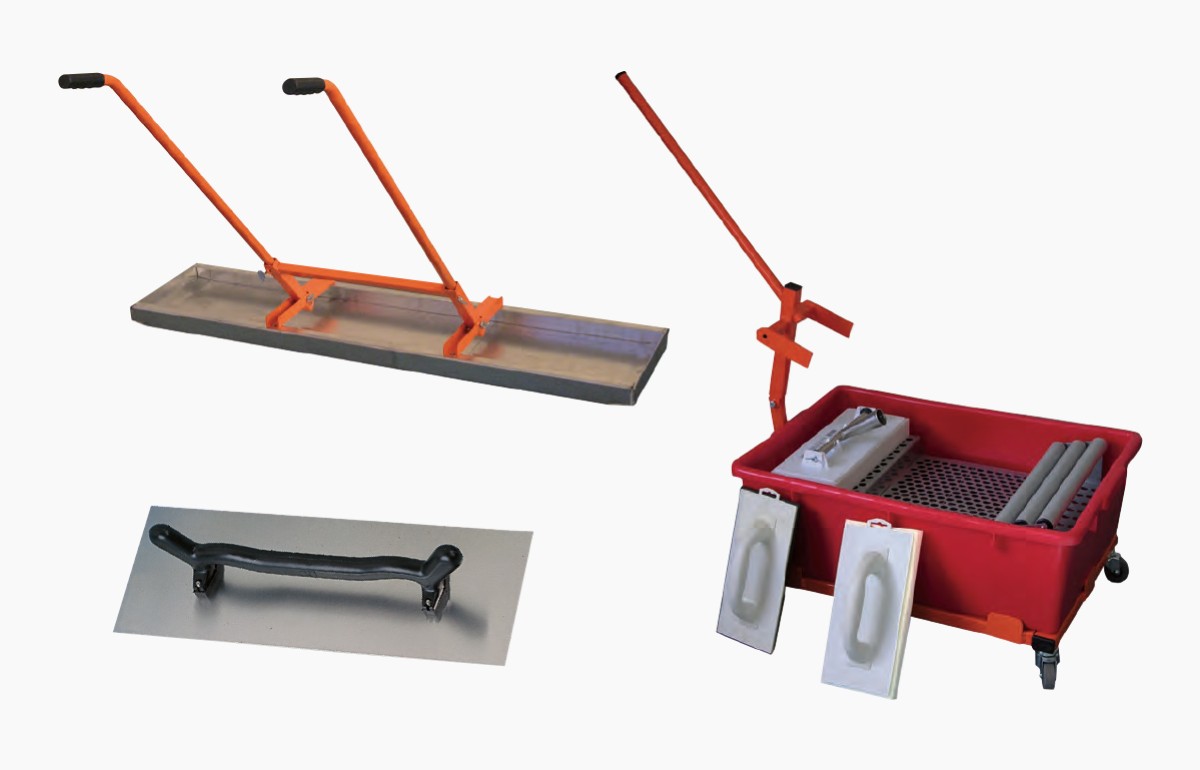 Las primeras alisadoras de hormigón, talochas de aluminio para revocadores, kits de juntas para alicatadores...